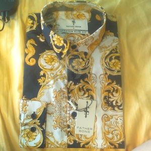 BNWOT DRESS SHIRT (FATHER & SONS) GOLD BLACK CREAM STRETCH BLOCK SLIM FIT HOT !!